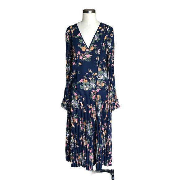 STEFFEN SCHRAUT Navy Blue Floral Pleated Drop Waist Midi Dress Size 36 NWT - Picture 1 of 8